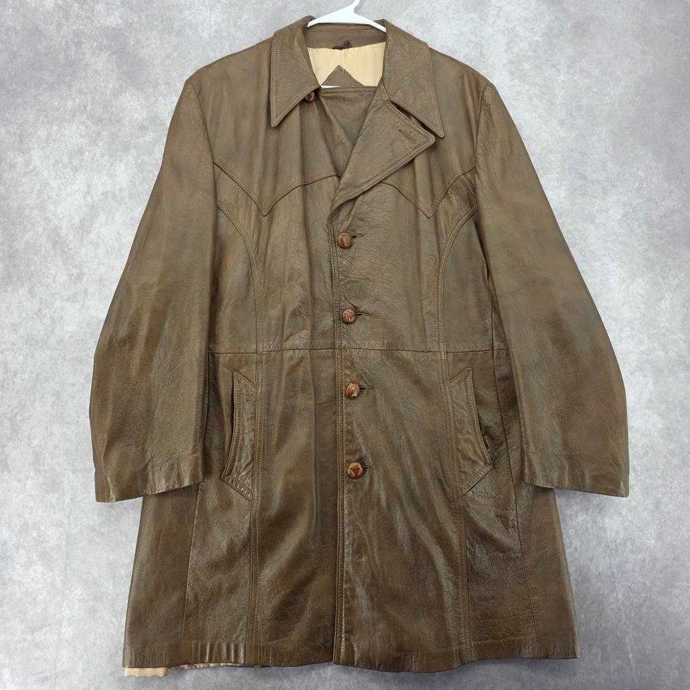 Vintage Grais Brown Leather Trench Coat Mens 48 Western Yoke Jacket Made in USA